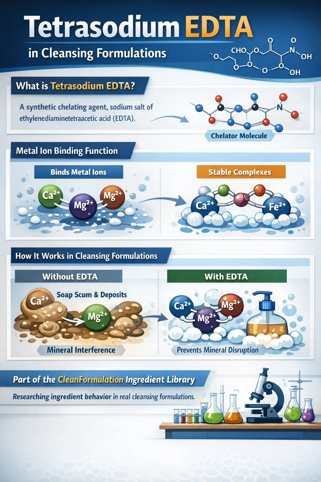 Infographic explaining how tetrasodium EDTA binds calcium and magnesium ions to prevent mineral interference in soap and cleansing formulations
