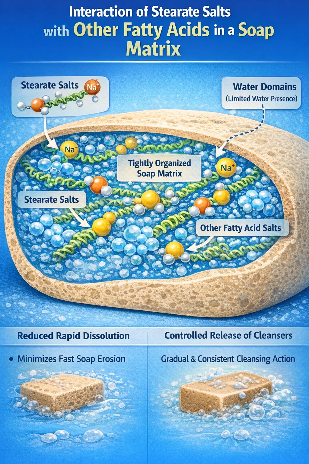 Interaction of stearate salts with other fatty acids and water within a soap matrix