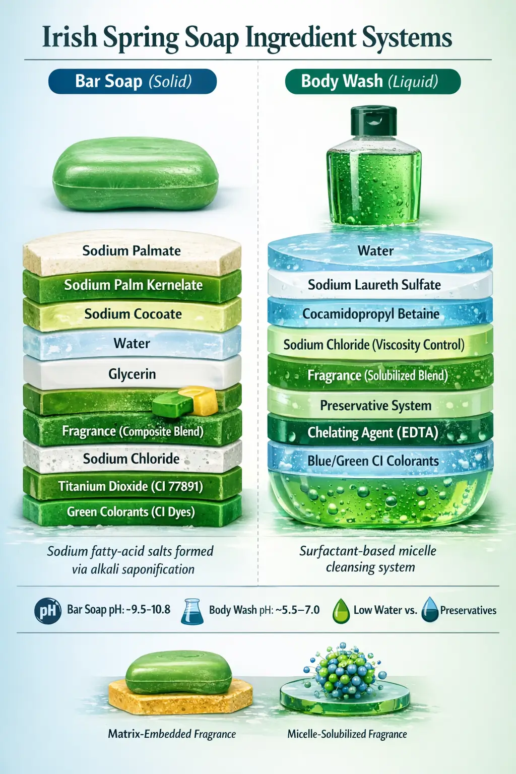 Ingredient-labeled infographic comparing Irish Spring bar soap and liquid body wash formulations, highlighting sodium fatty-acid soap bases, surfactant systems, fragrance blends, colorants, preservatives, and pH behavior