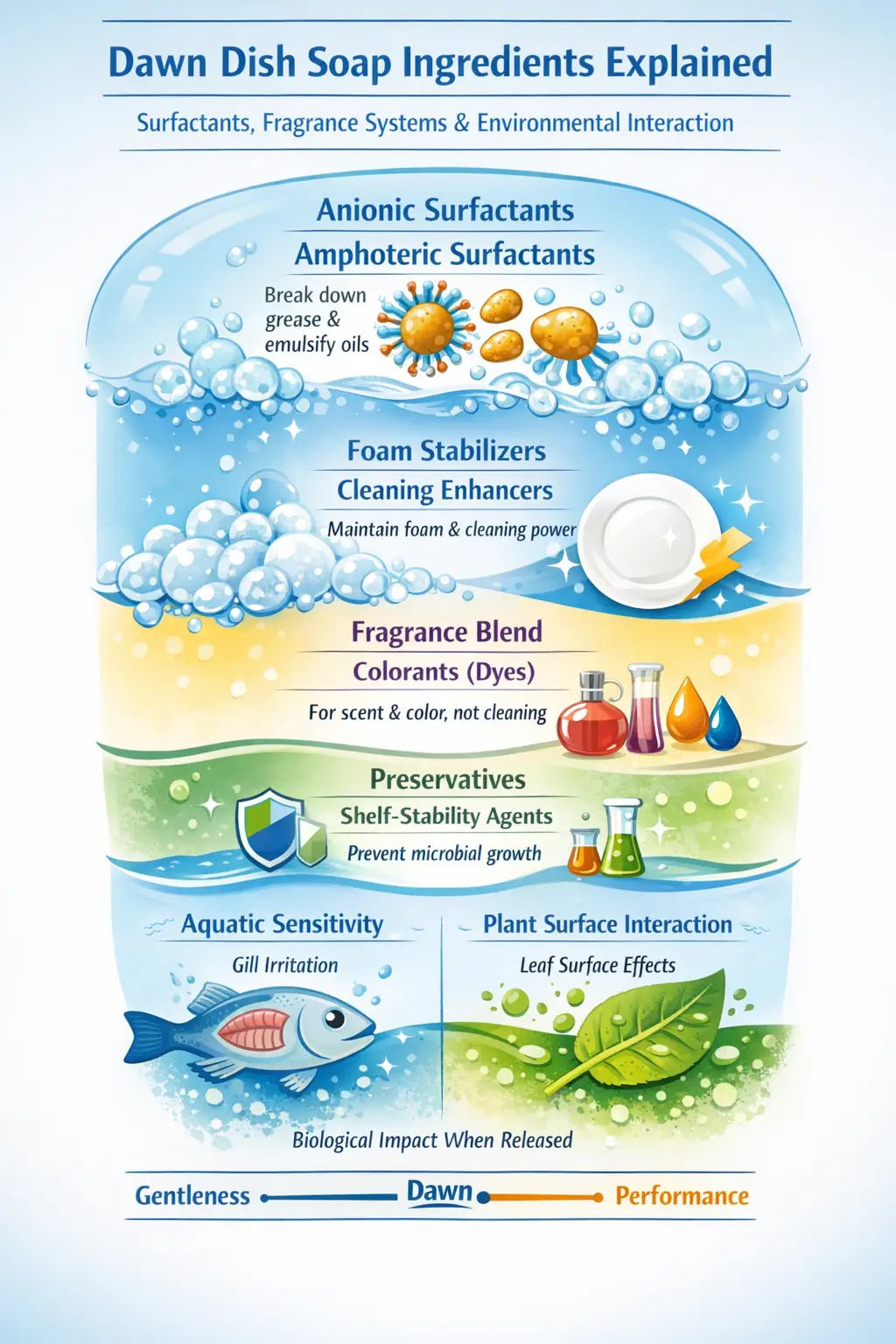 Ingredient-level overview of Dawn dish soap showing synthetic surfactants, fragrance systems, preservatives, and water phase used in modern dishwashing detergents