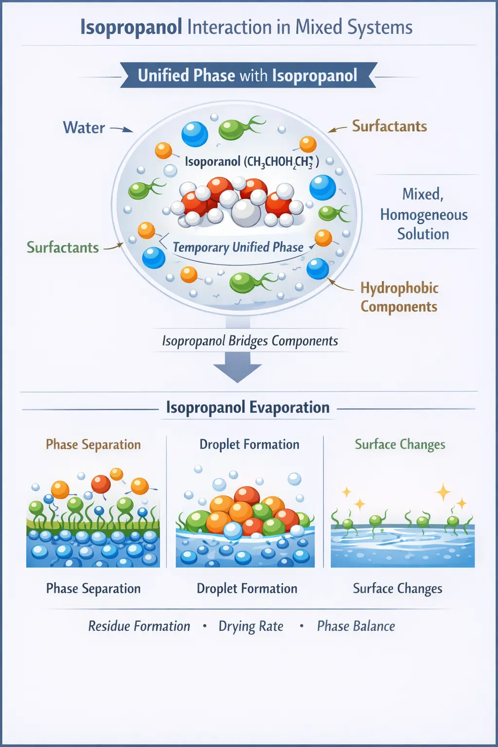 Isopropanol interacting with water, surfactants, and hydrophobic components showing solubilization and evaporation behavior