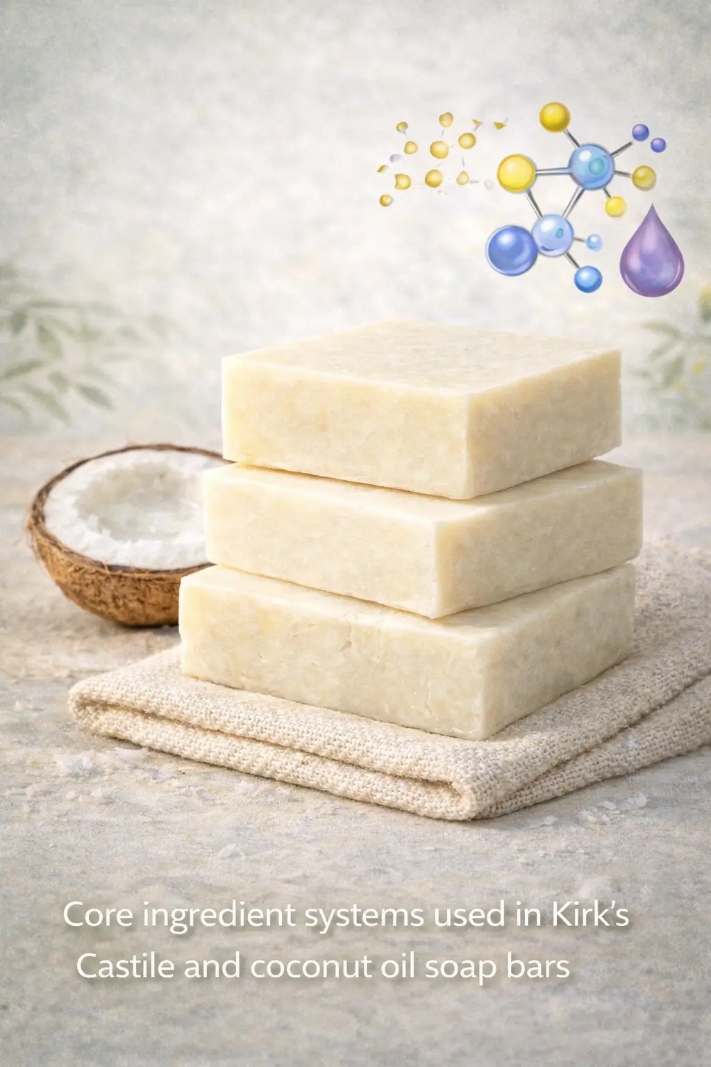 Coconut oil–based soap bars and saponified fatty acid structure representing Kirk’s Castile and coconut oil soap formulations