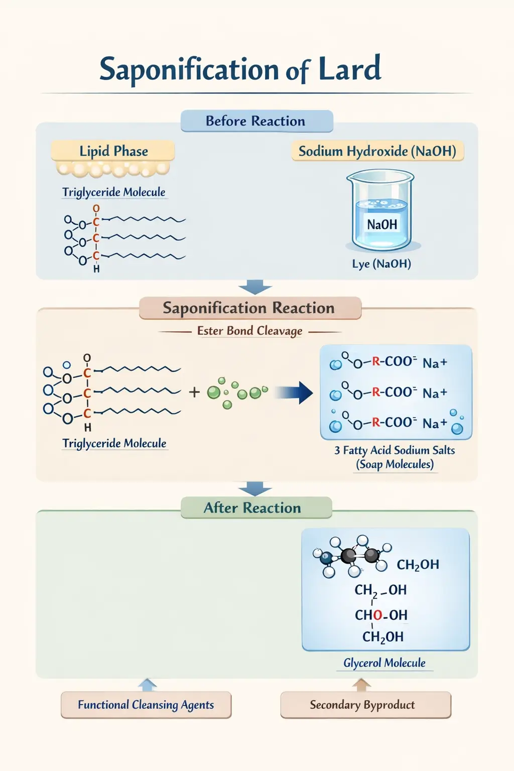 Diagram showing lard triglycerides reacting with sodium hydroxide during saponification to form soap molecules and glycerol