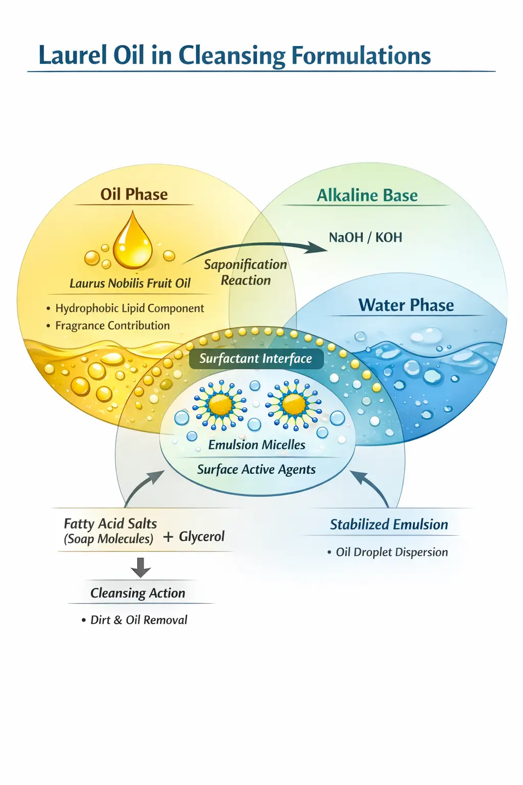 Formulation interaction map showing laurel oil interacting with alkaline bases, water phase, surfactants and fragrance components in cleansing systems