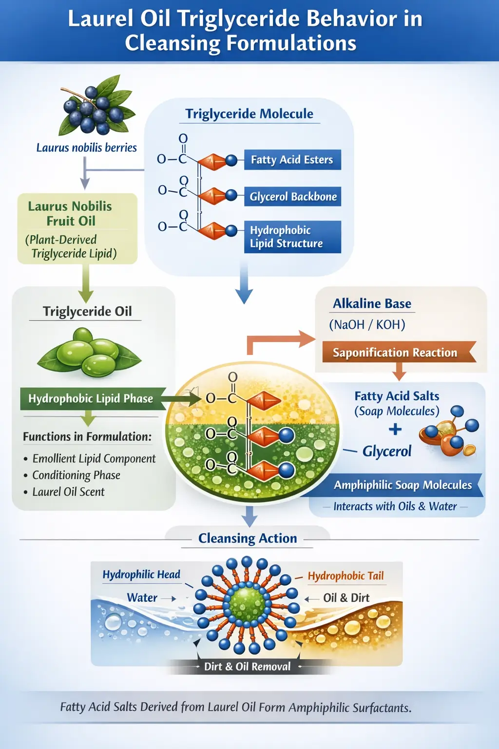 Ingredient interaction diagram showing laurel oil triglycerides undergoing saponification in alkaline soap systems and interacting with aqueous cleansing phases