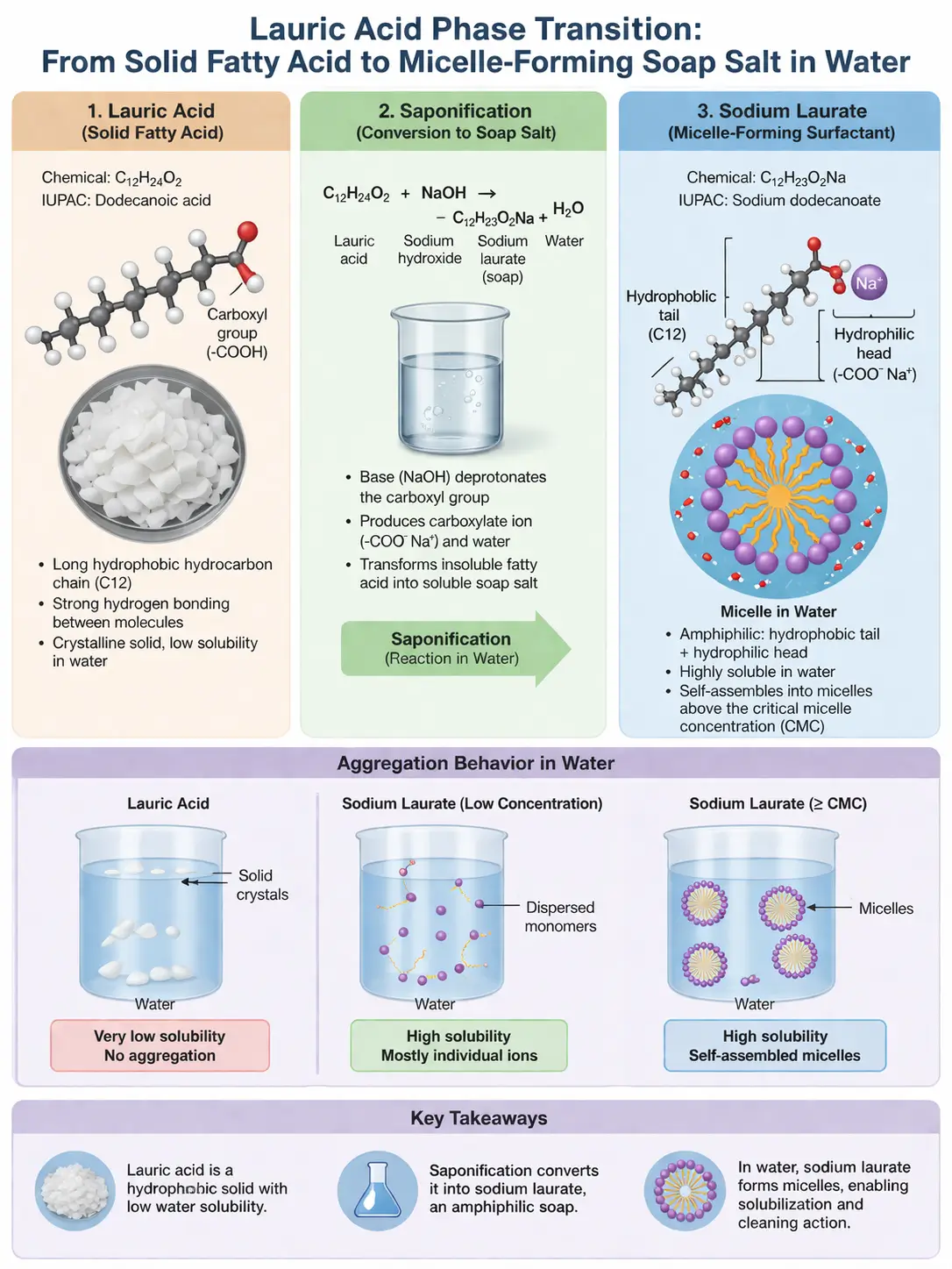 Lauric acid phase transition from solid fatty acid to micelle-forming soap salt in aqueous system