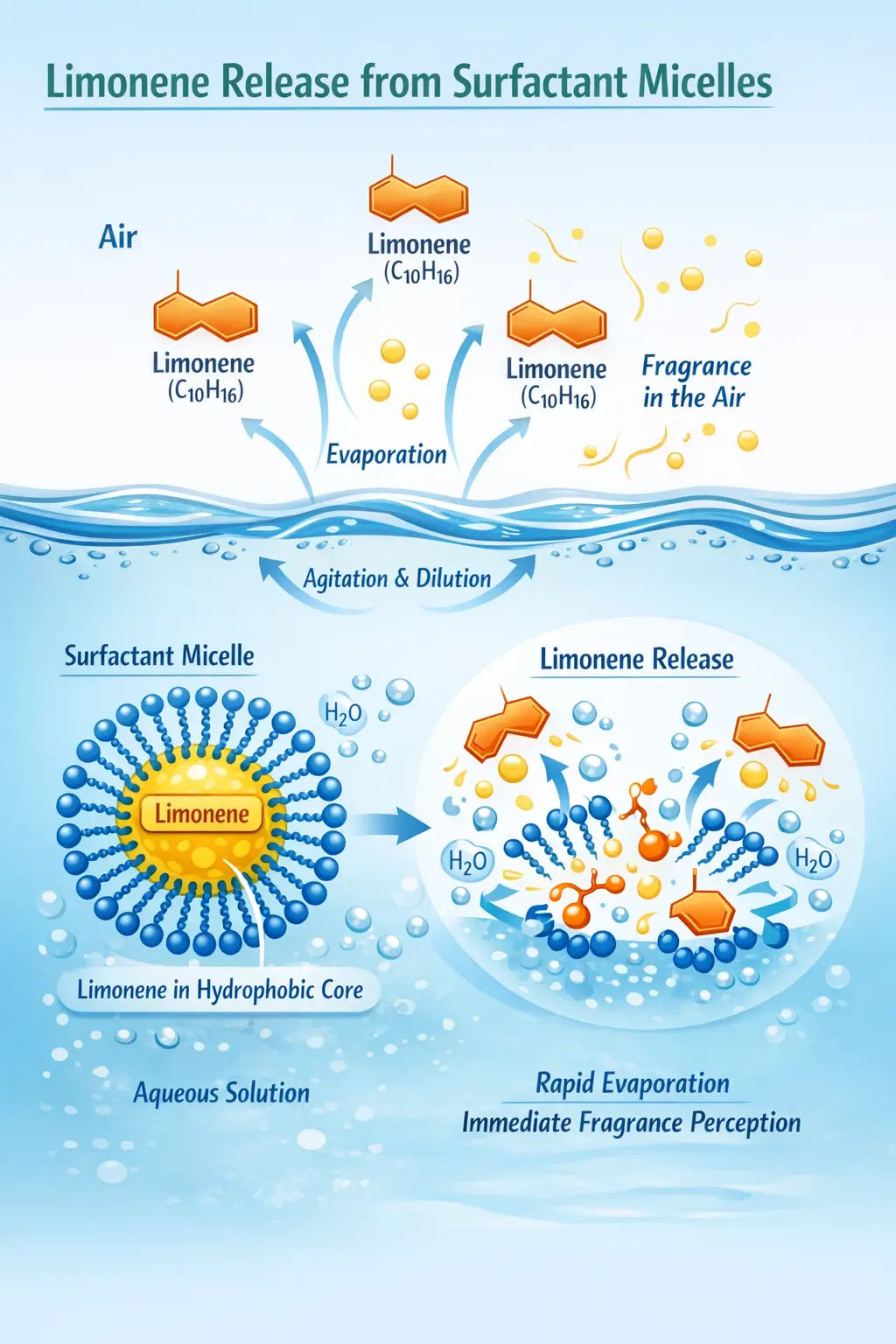 Diagram showing limonene molecules incorporated within surfactant micelles, with evaporation from the surface into the air during use