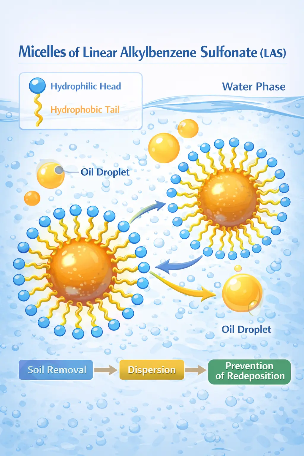 Linear alkylbenzene sulfonate molecules forming micelles interacting with oil droplets and water phase in detergent system