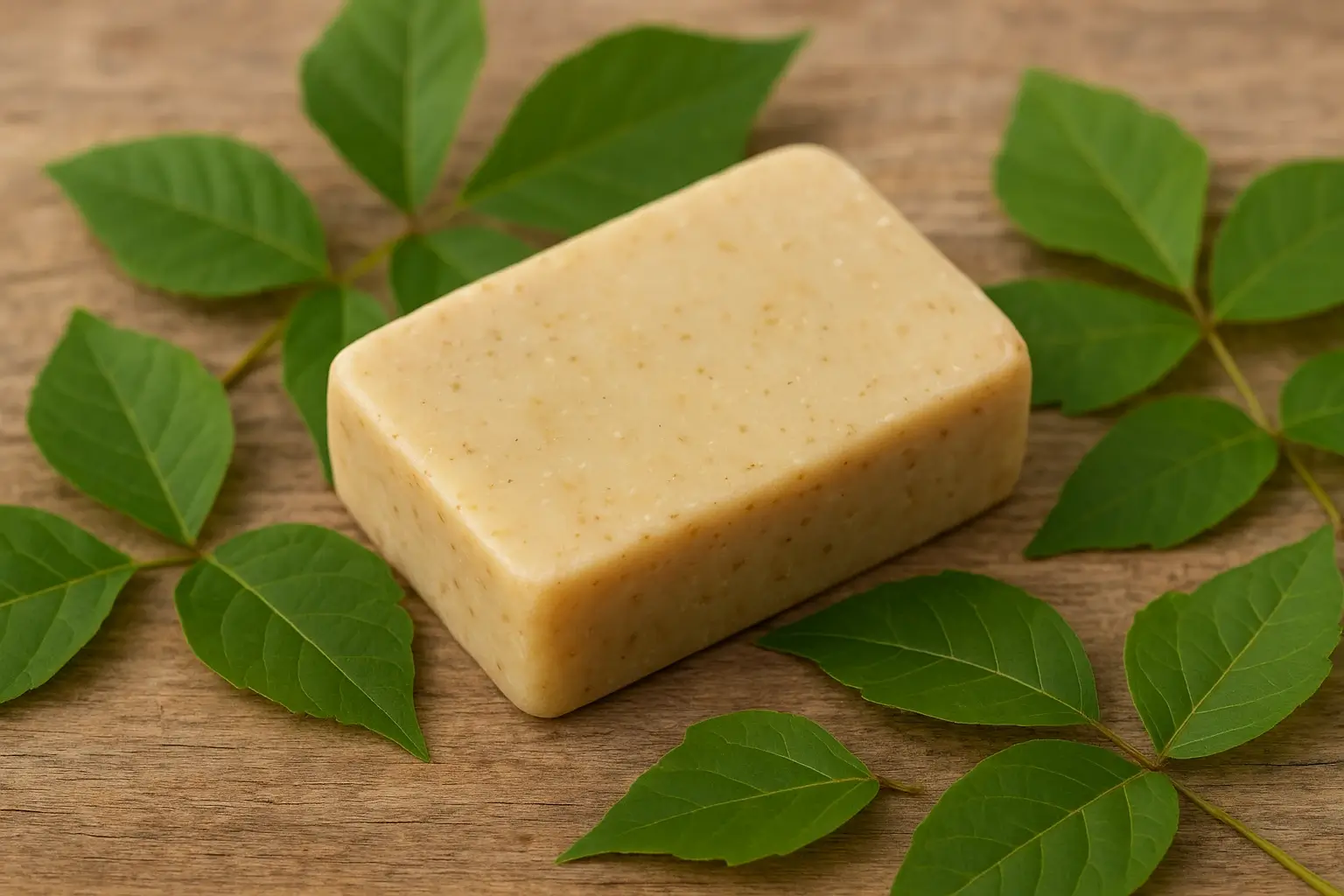Close-up view of a natural handmade lye soap bar resting on a rustic wooden surface, surrounded by fresh green poison ivy leaves in soft daylight, minimalist composition.