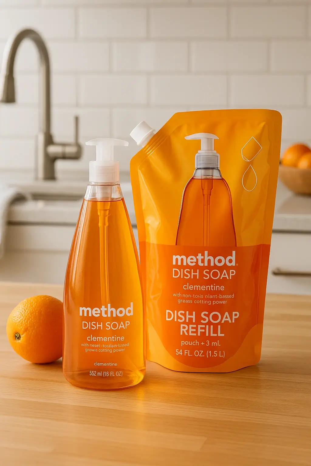 Method Clementine dish soap bottle with its matching refill pouch shown in a clean kitchen-style setting, highlighting citrus formulation and refill system