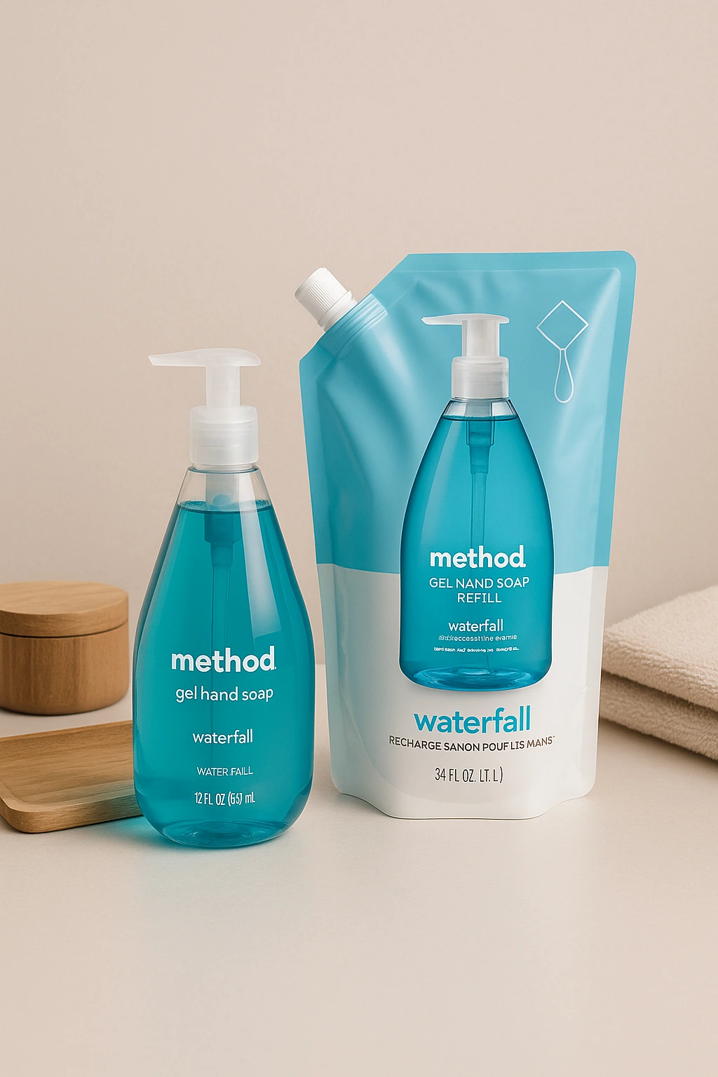 Method gel hand soap bottle and refill pouch displayed together to illustrate refillable packaging and scent variants such as Vetiver Amber and Sweet Water