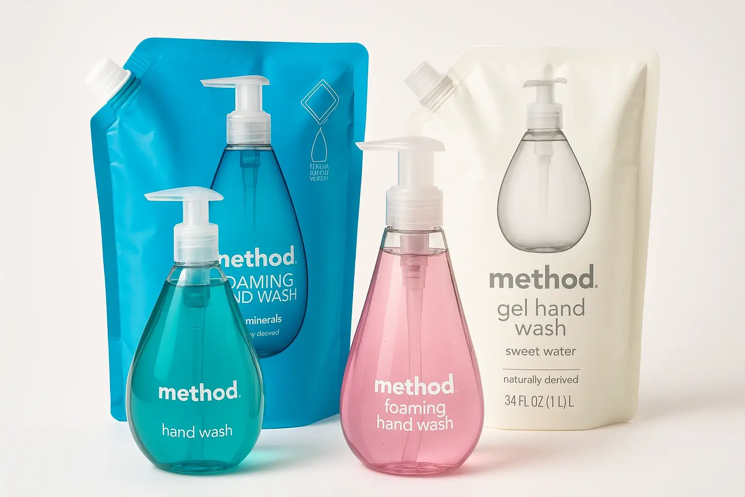 Method hand soap bottles and refill pouches arranged to show gel and foaming variants with multiple scent options