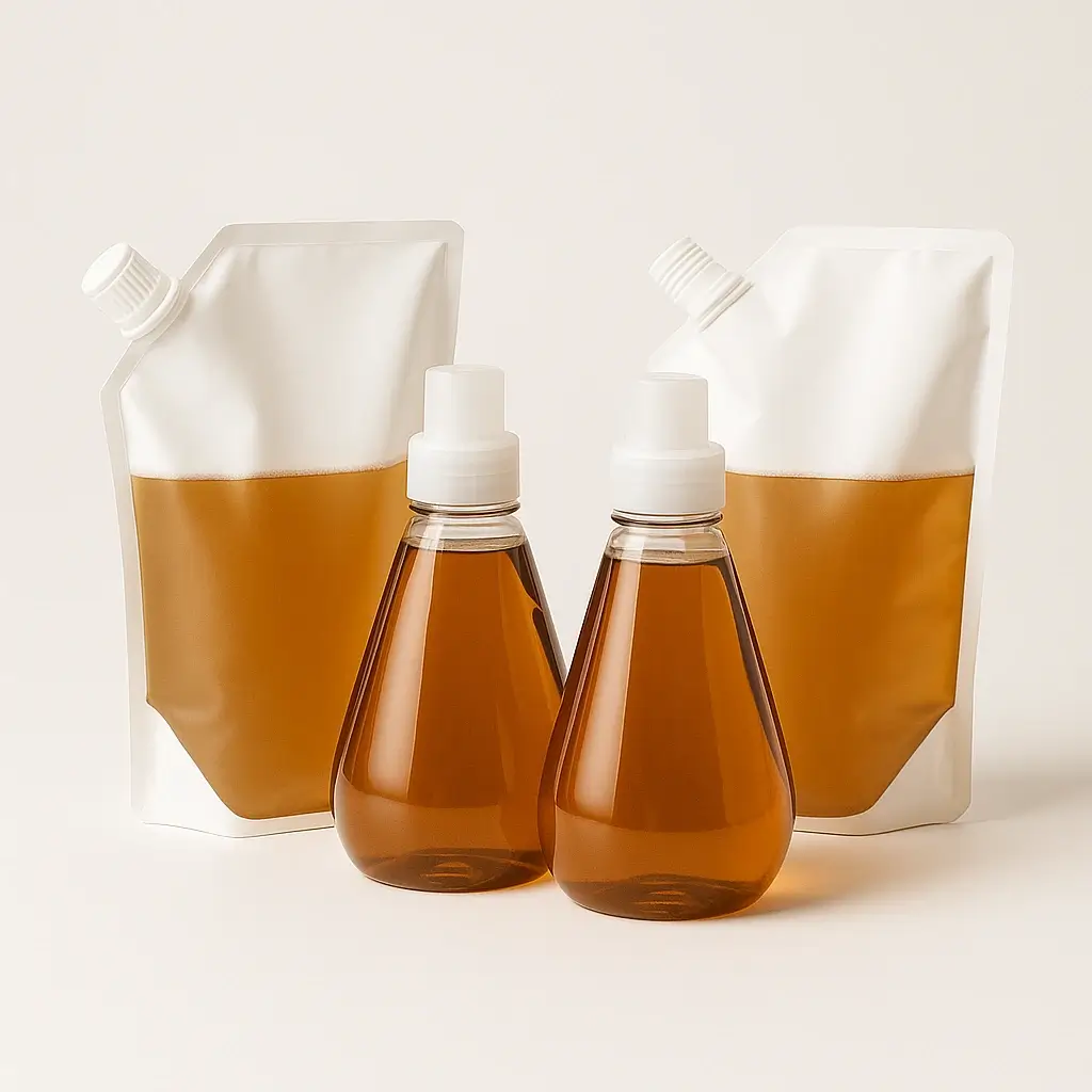 Bottles of Method laundry liquid and refill pack variants arranged on a neutral background to show Free + Clear, Baby, and concentrated laundry liquid formats