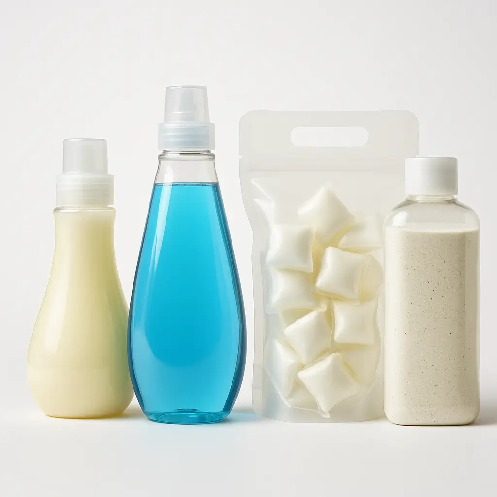Method laundry products including detergent pods, liquid detergent, softener, and scented variants arranged for analysis