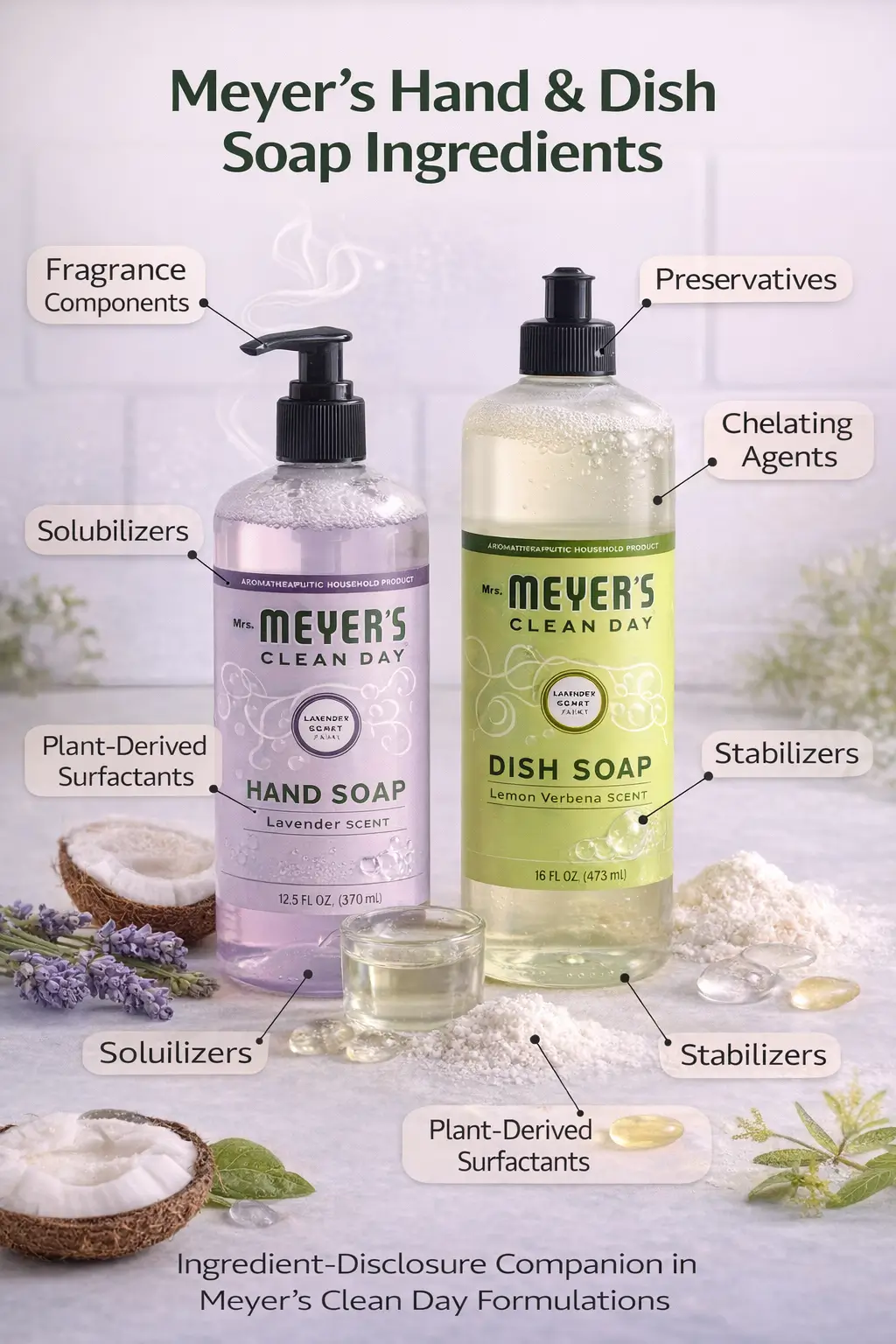 Ingredient-labeled liquid hand and dish soap systems illustrating plant-derived surfactants, solubilizers, fragrance components, preservatives, and stabilizers used in Meyer’s Clean Day formulations