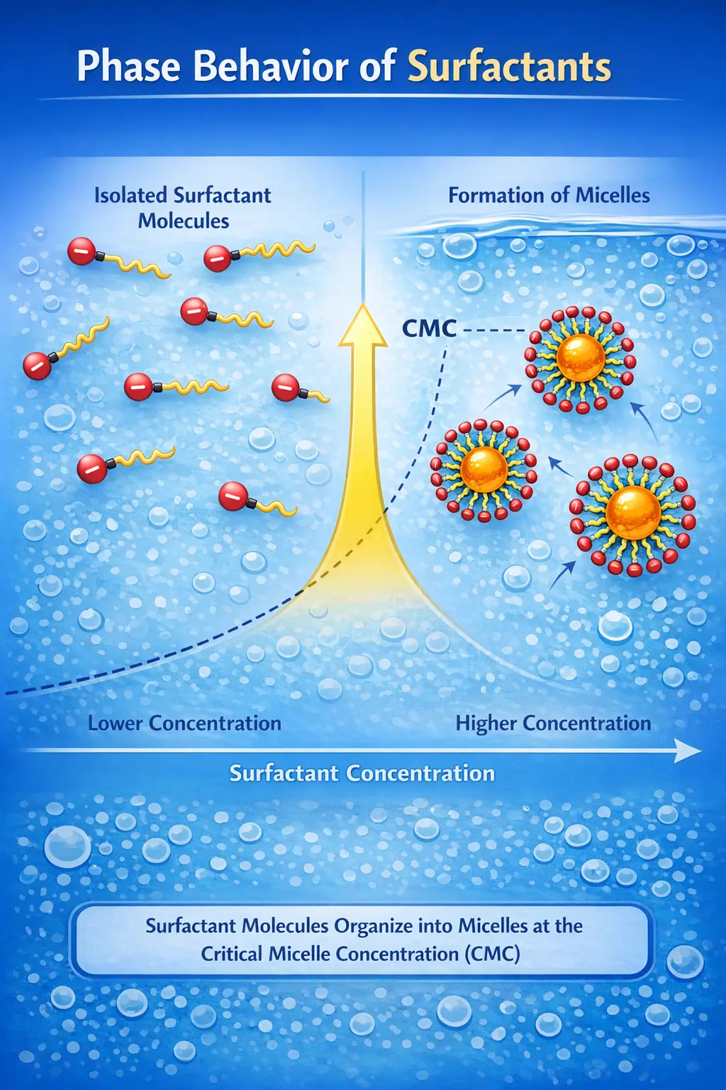 Phase behavior diagram illustrating transition from individual surfactant molecules to micelles as concentration increases