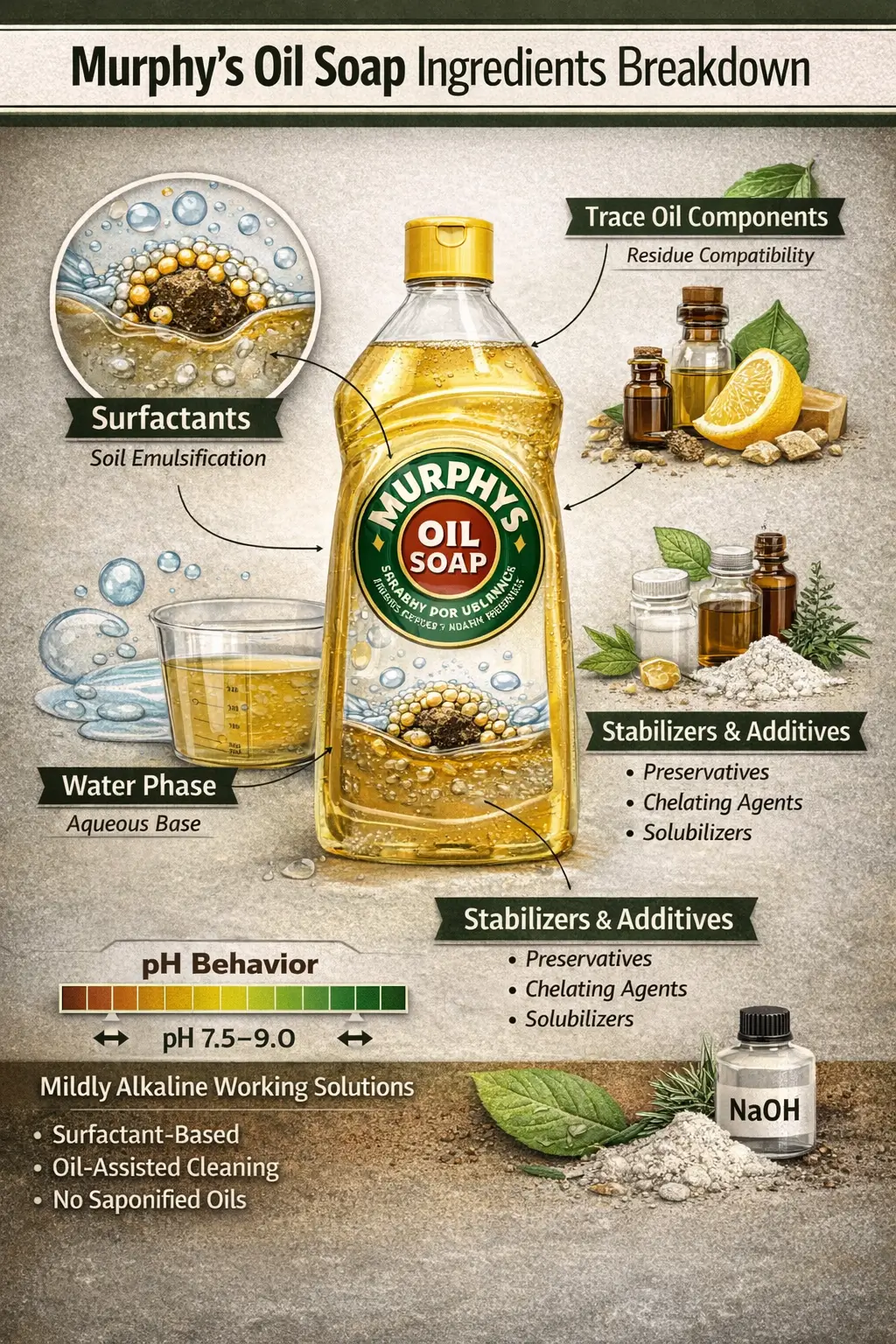 Ingredient-labeled liquid oil soap illustrating surfactants, water phase, trace oil components, stabilizers, and fragrance used in Murphy’s Oil Soap formulations