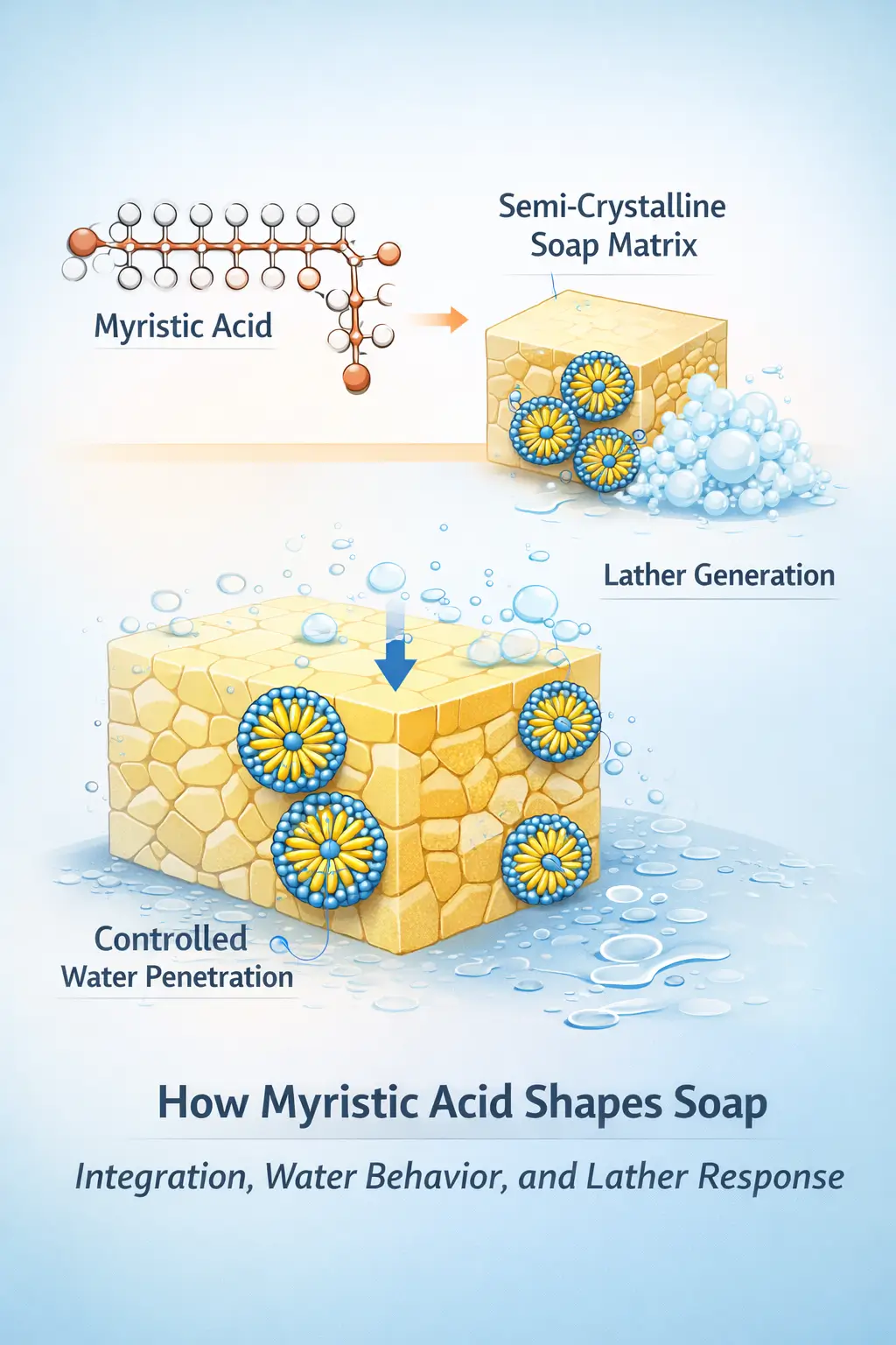 Myristic acid integrating into soap matrix influencing crystalline structure and water interaction