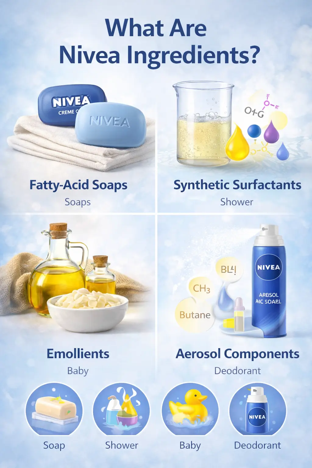 Ingredient system overview showing fatty-acid soaps, synthetic surfactants, emollients, and aerosol components used across Nivea products