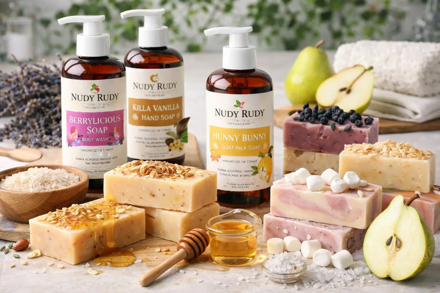 Handcrafted soap bars and liquid soap bottles representing Nudy Rudy soap product variants in a neutral evaluation setting