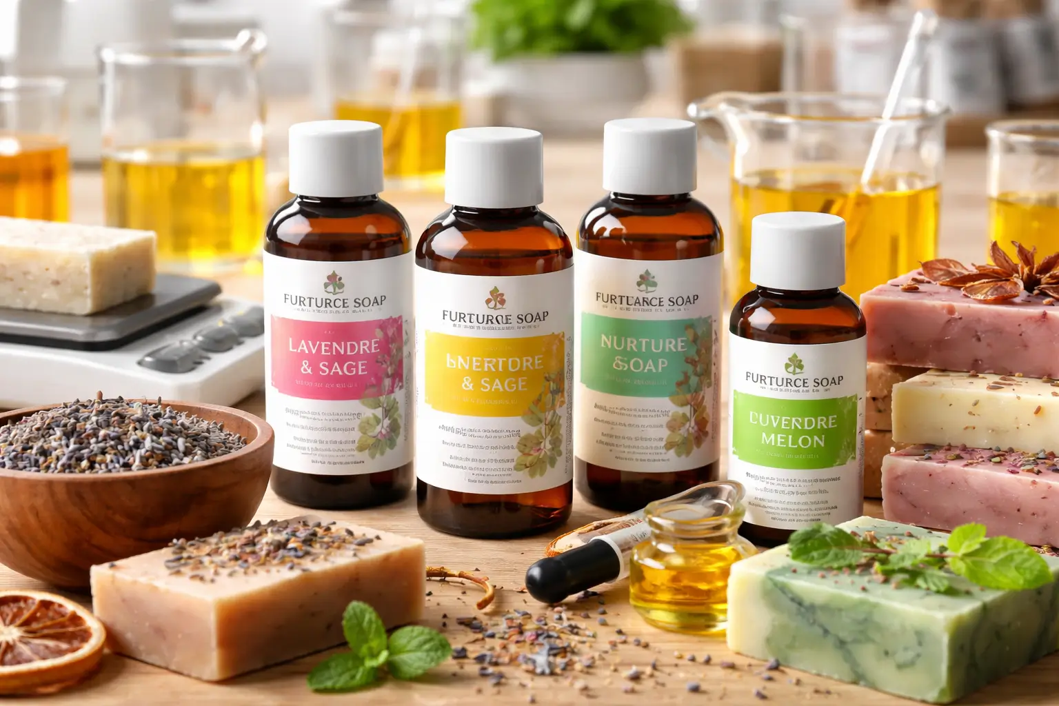 Fragrance oil blending evaluation for soapmaking showing measured pours, neutral containers, and formulation context