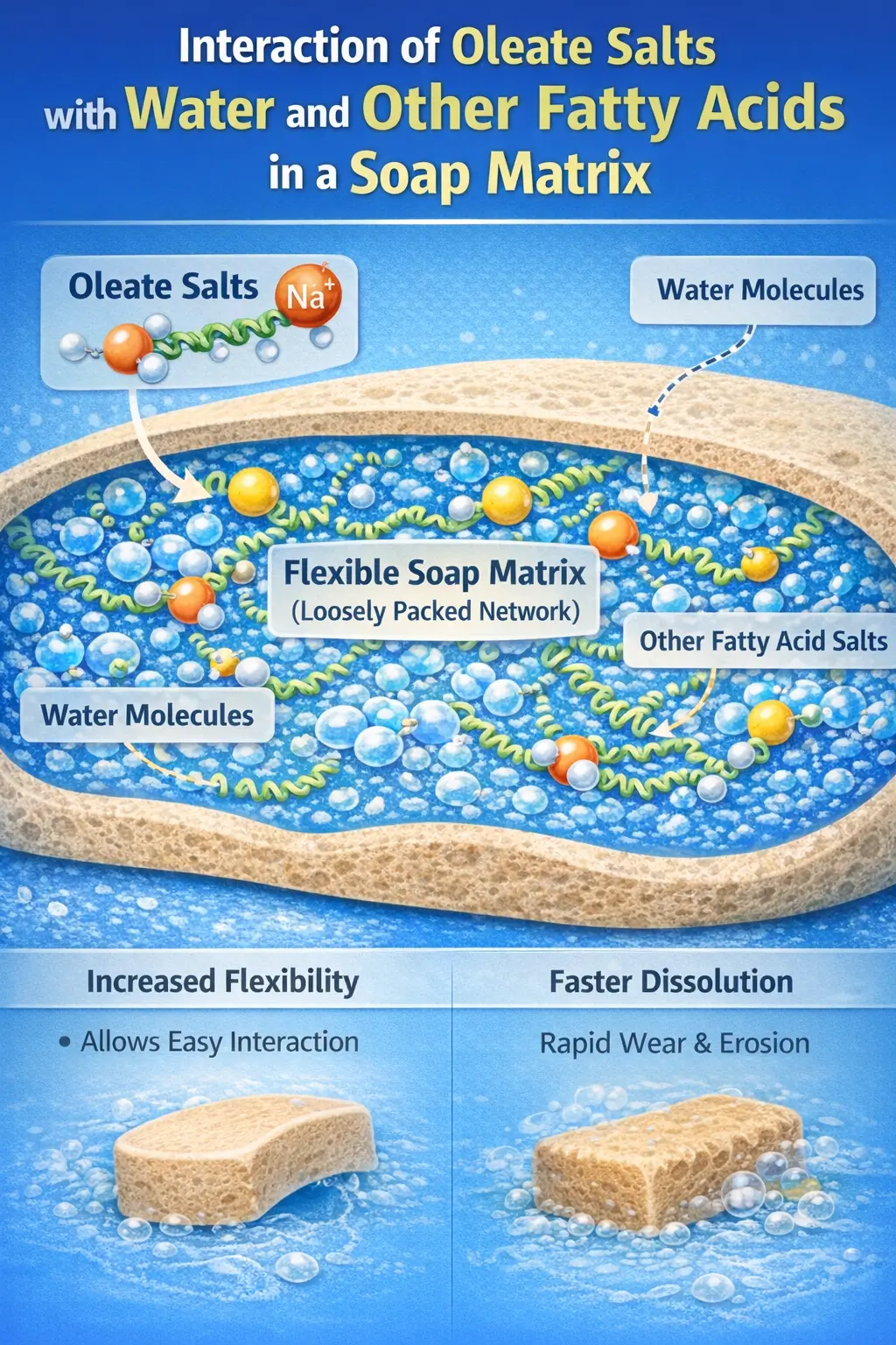 Oleate salts interacting with water and other fatty acids in a flexible soap matrix