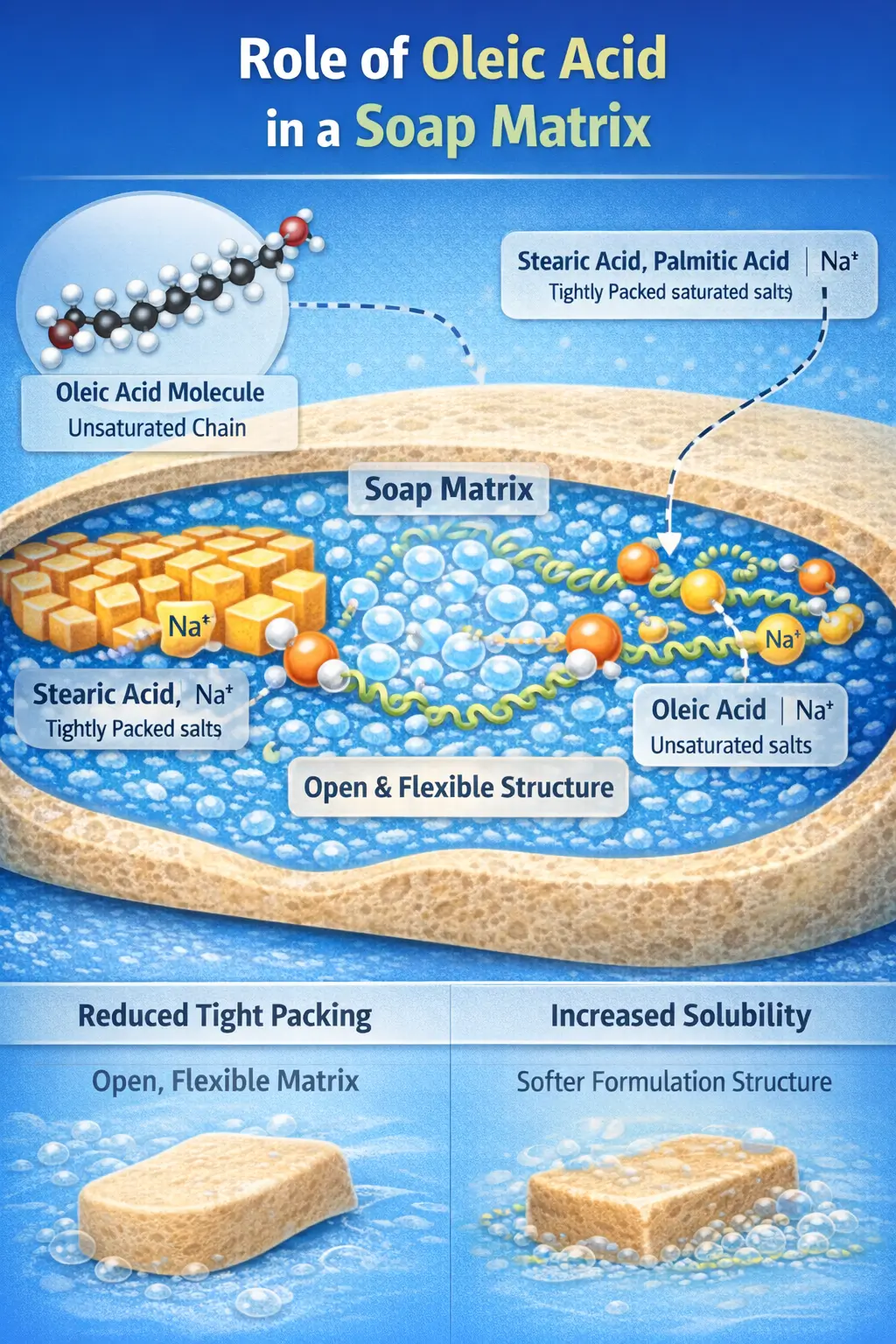 Oleic acid unsaturated chain disrupting tight packing in a soap matrix