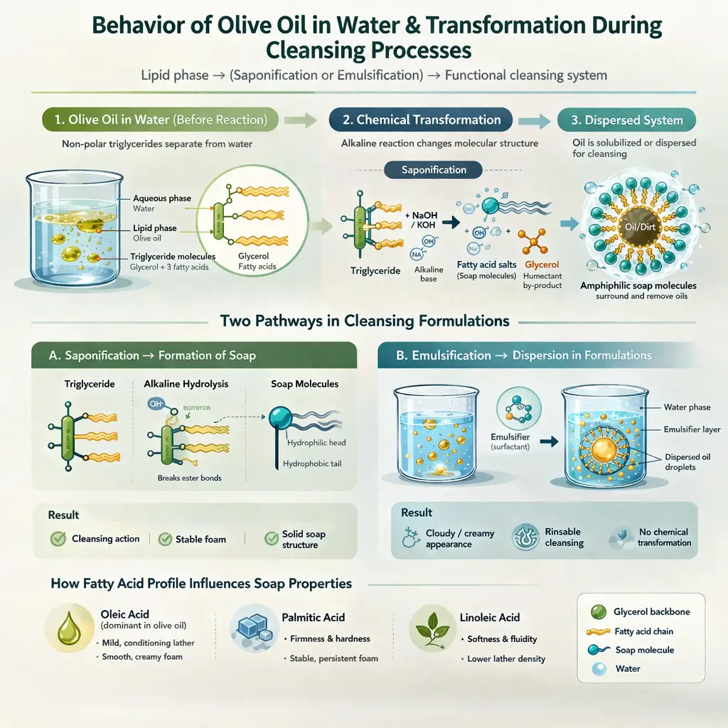Diagram showing phase behavior of olive oil in soap formation and emulsified cleansing systems