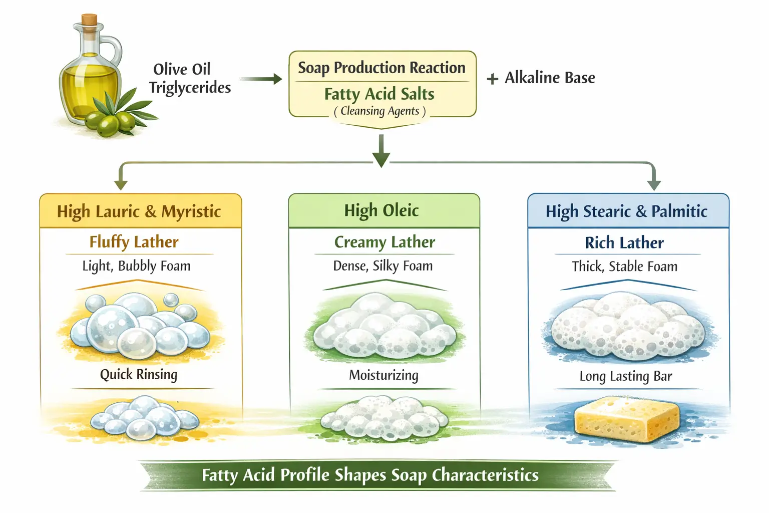Diagram illustrating how olive oil triglycerides convert to soap salts and contribute to cleansing and foam formation