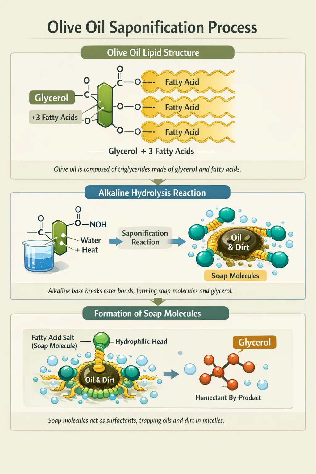 Diagram showing olive oil triglyceride structure interacting with alkaline base during soap formation