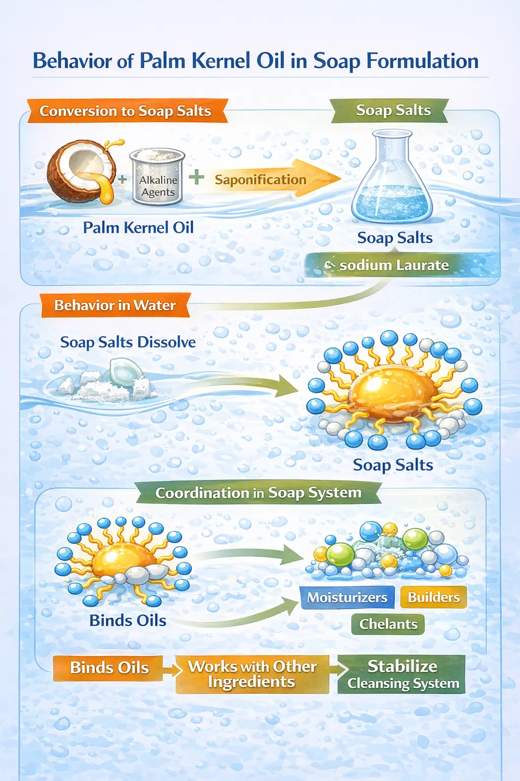 Palm kernel oil conversion into soap salts interacting with water oils and formulation components