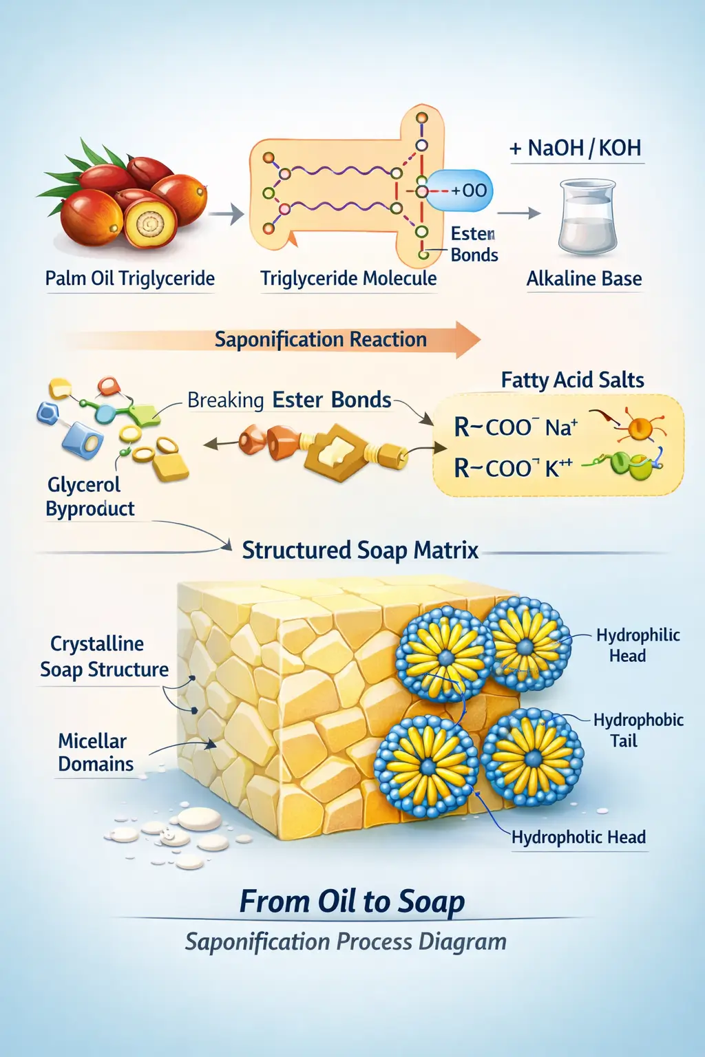 Palm oil triglycerides undergoing saponification to form fatty acid salts and structured soap matrix
