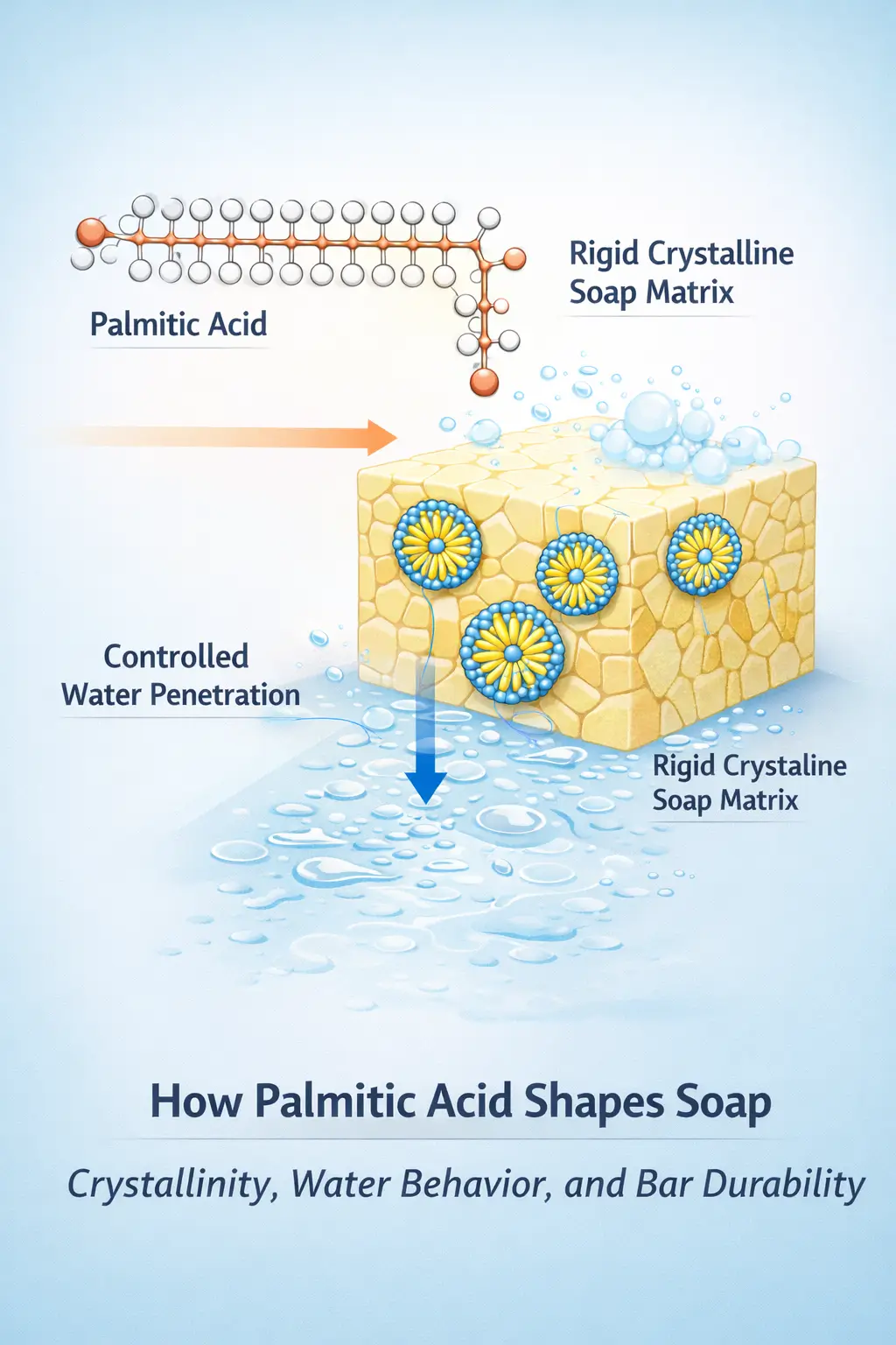 Palmitic acid contributing to rigid crystalline soap matrix with controlled water penetration