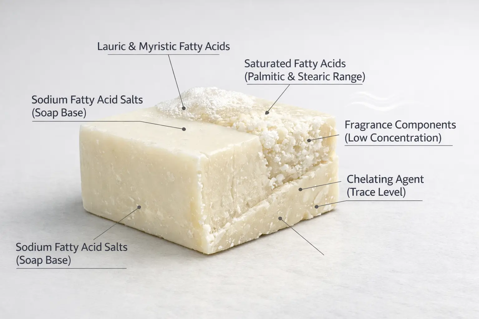 Ingredient-labeled solid cleansing bar showing sodium fatty acid soap base, saturated fatty acids, lauric acid components, residual alkali system, trace chelating agents, and fragrance components