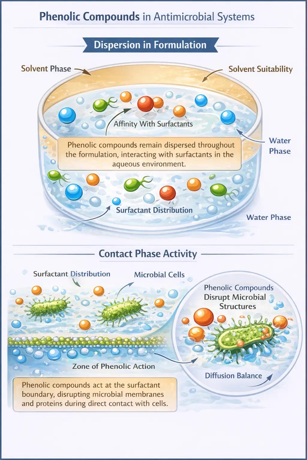 Phenolic compounds interacting with surfactant systems and solvent phase showing dispersion and contact phase activity