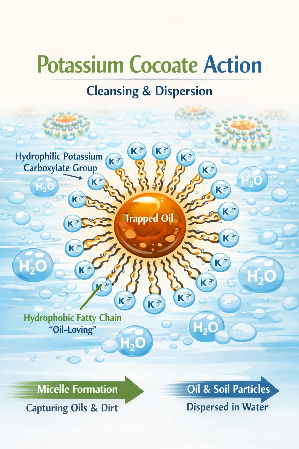 Diagram showing potassium cocoate molecules forming micelles in aqueous solution with hydrophobic chains inward and hydrophilic heads outward