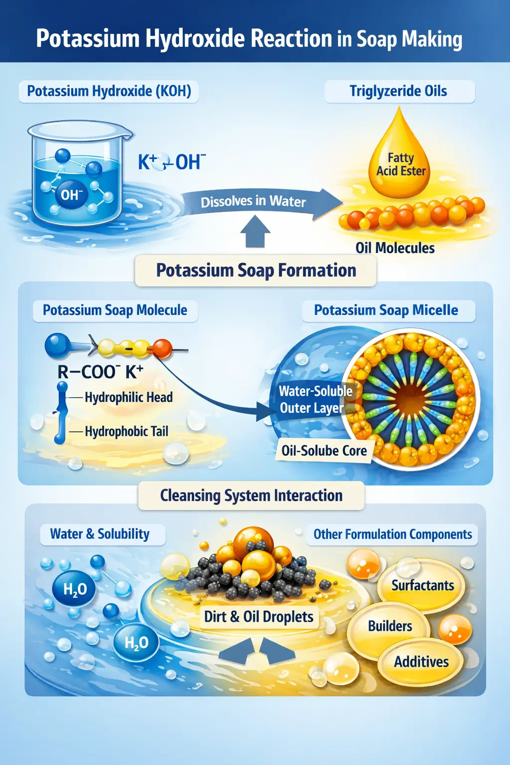 Potassium hydroxide reacting with oils to form soap salts interacting with water and formulation components