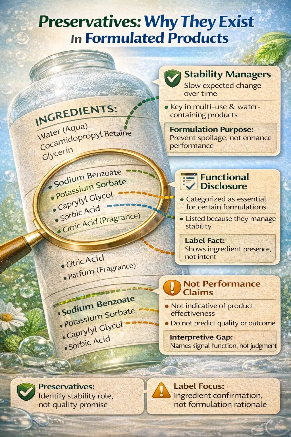 Ingredient label showing preservatives listed as formulation components without performance claims