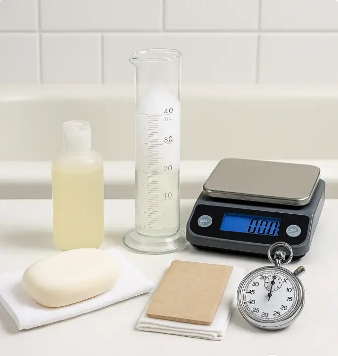 Controlled comparison setup of bar soap versus liquid soap showing foam measurement tools and test substrates.