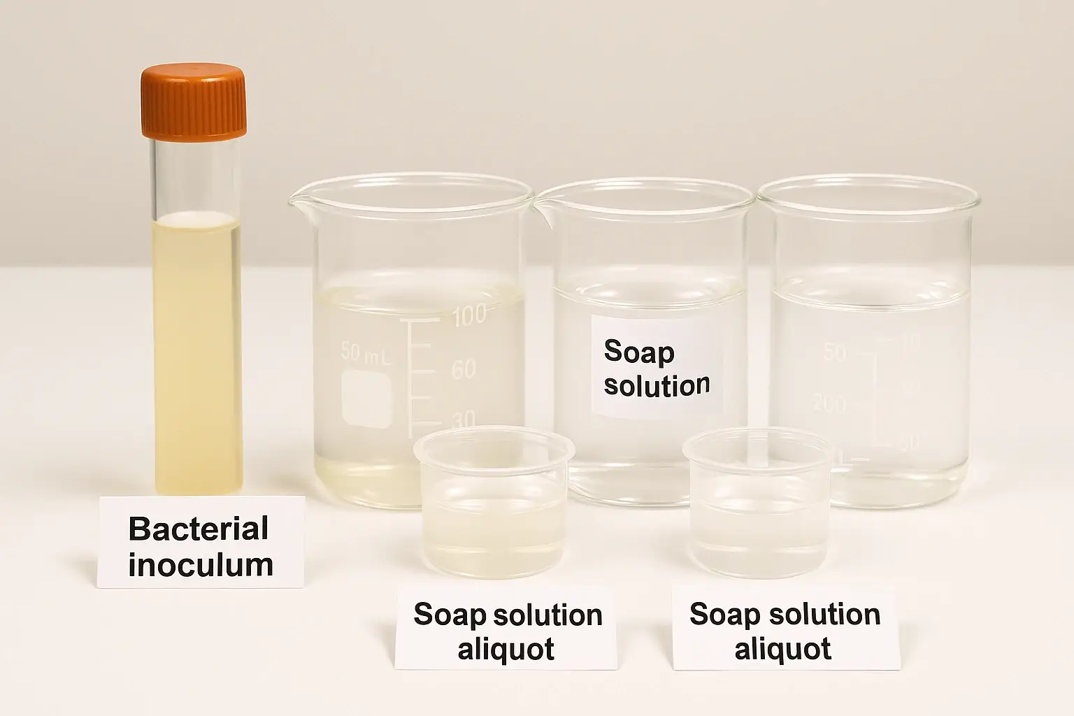 Laboratory bench photo showing contact-time test setup with small beakers and pipettes (illustrative)