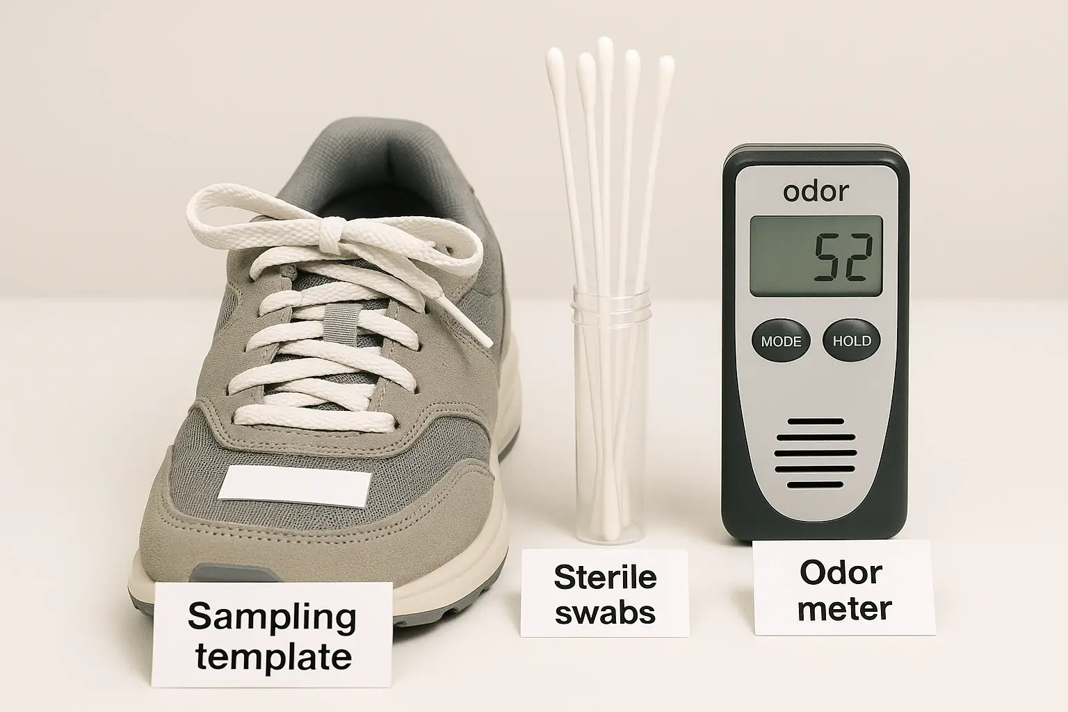 Studio photo of a shoe interior sampling setup with sterile swabs and a small odor meter (illustrative)