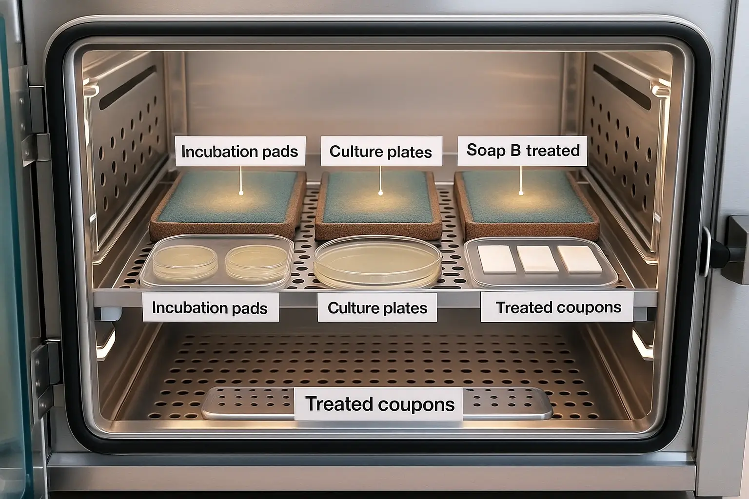 Controlled sweat-simulation chamber with warm pads, culture plates, and soap treatment surfaces