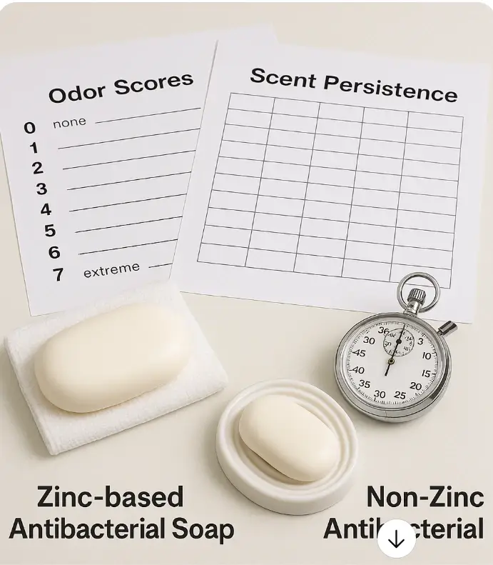 Comparison setup showing zinc-based antibacterial soap vs non-zinc antibacterial soap for deodorizing effectiveness testing