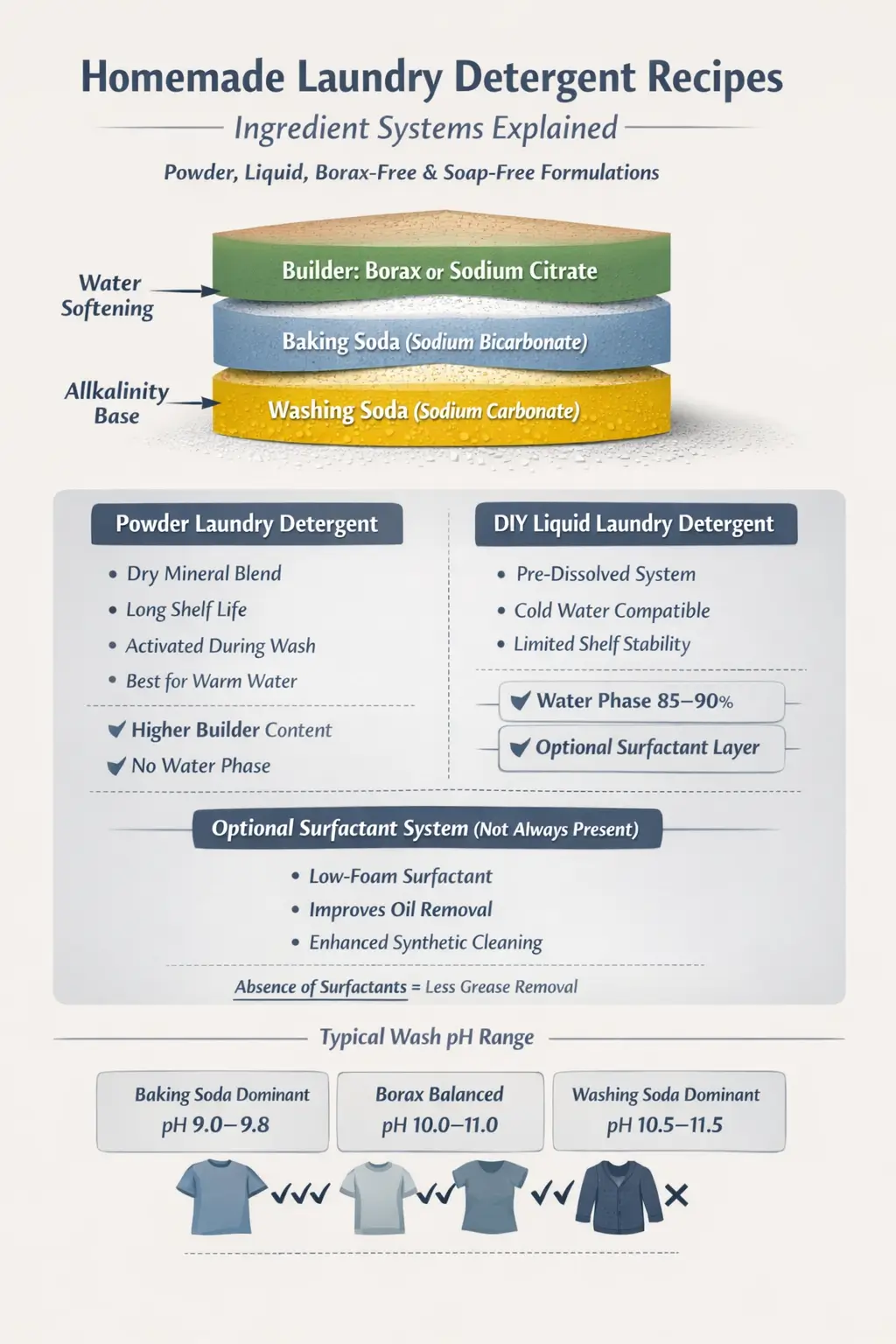 Ingredient-labeled infographic of homemade laundry detergent recipes showing washing soda alkalinity base, baking soda buffer, borax or sodium citrate builders, water phase, and optional surfactant systems across powder and liquid formats