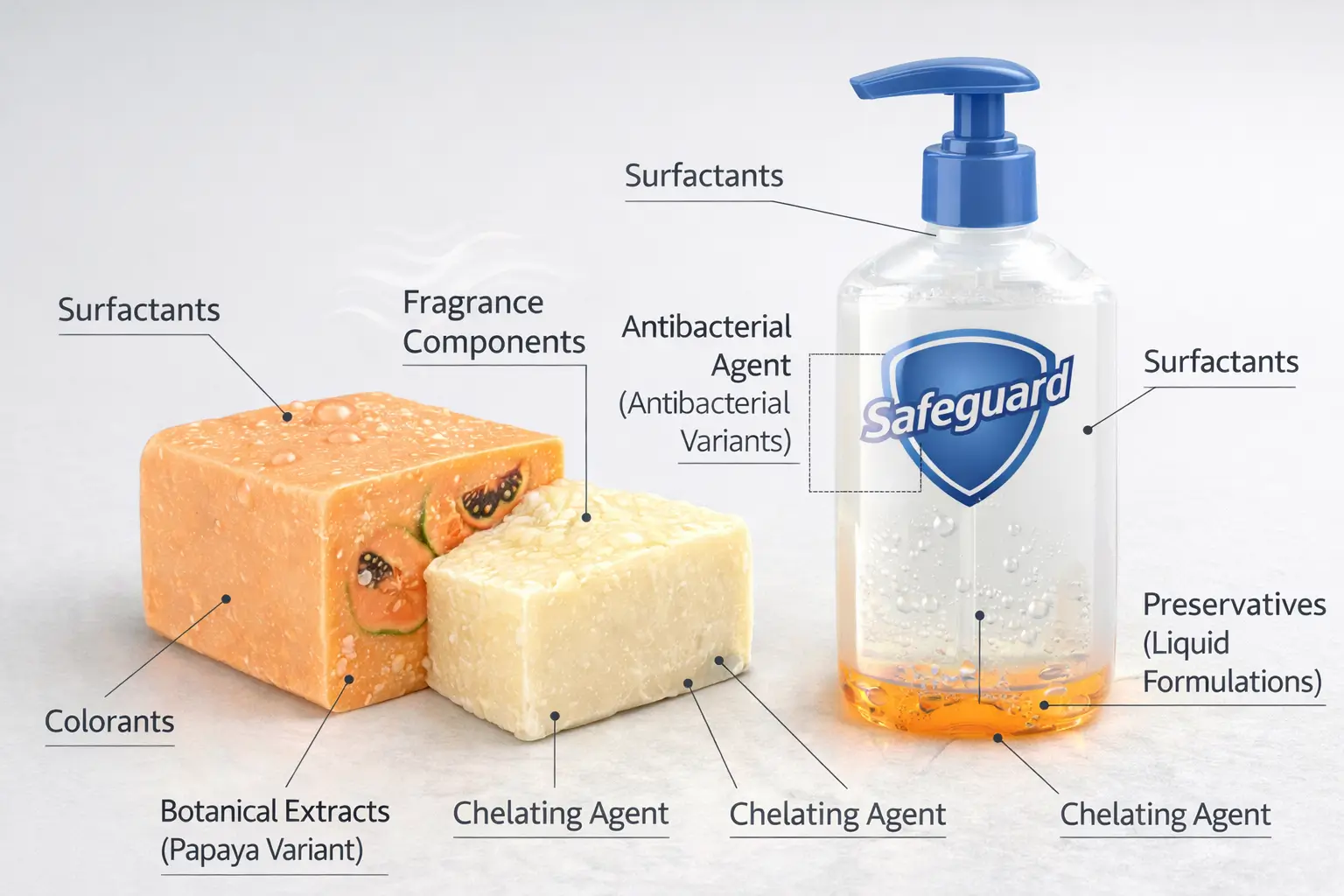 Ingredient-labeled solid and liquid soap systems illustrating surfactants, antibacterial agents, additives, and stabilizers used in Safeguard formulations