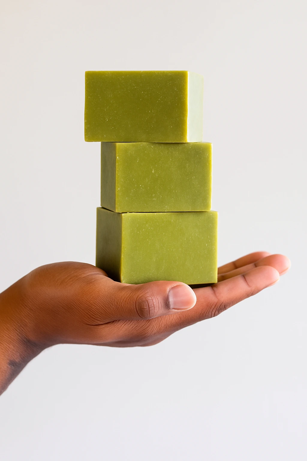Stack of natural green soap bars resting on an open palm against a clean neutral background