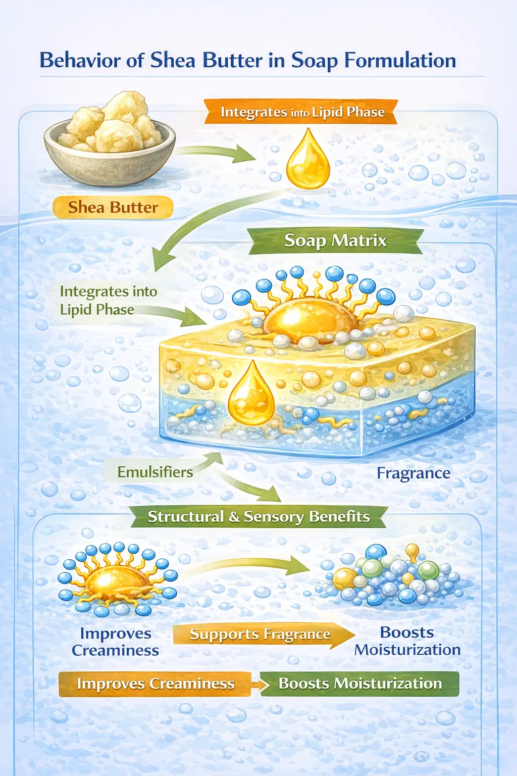Shea butter interacting with soap matrix water phase and formulation components