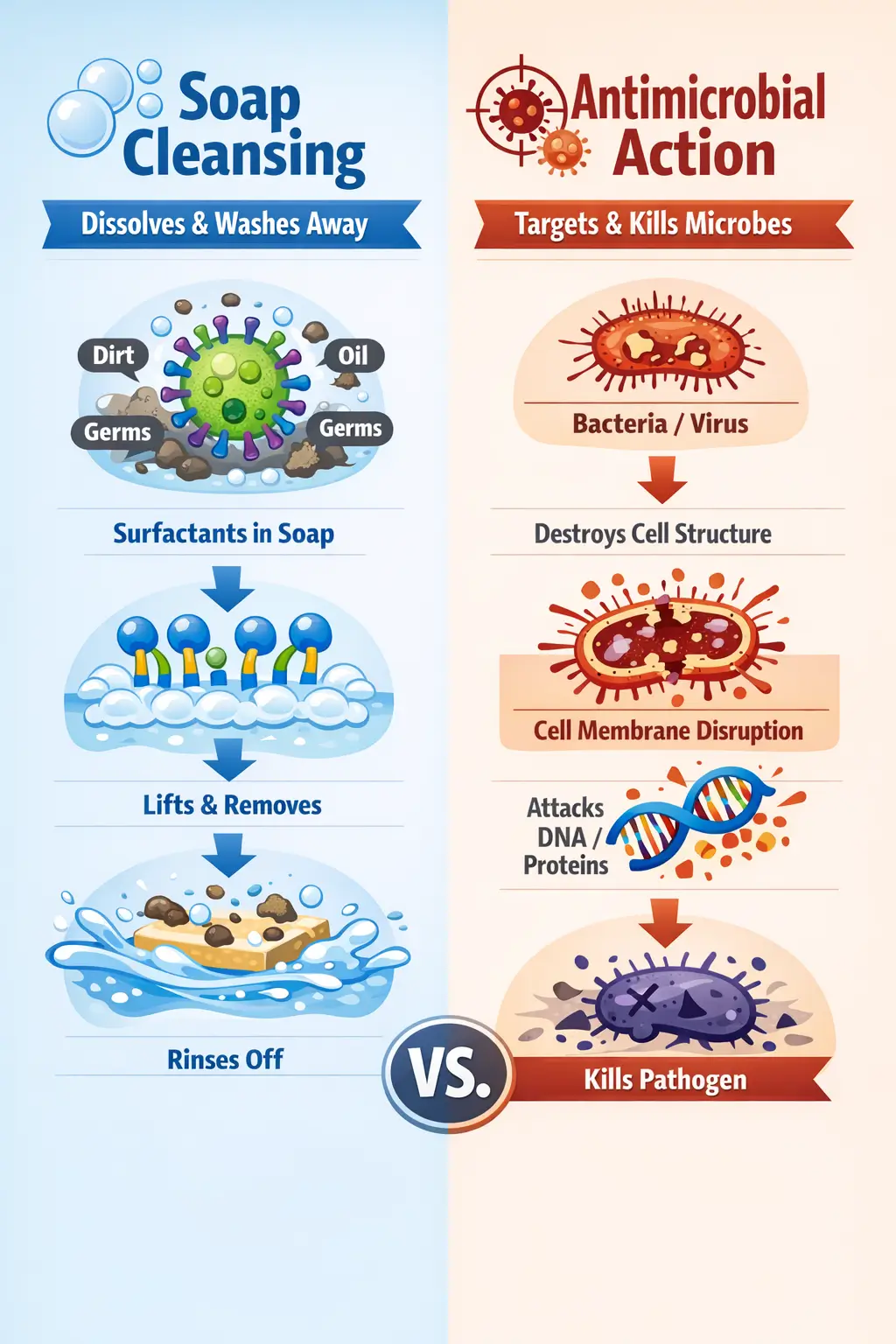 Illustration comparing soap cleansing mechanism with antimicrobial chemical action in a simplified diagram