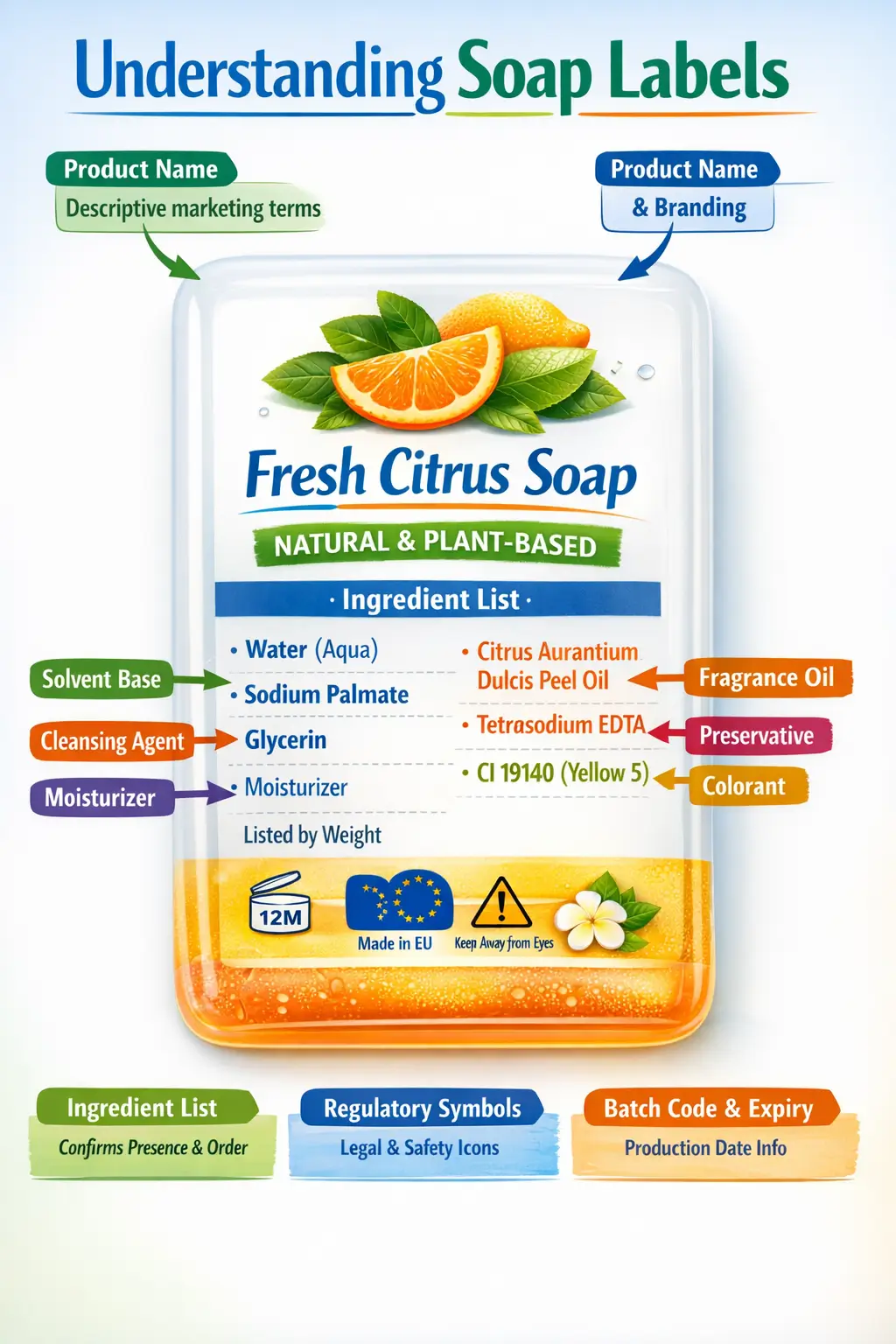 Typical European soap label showing ingredient list, product name, and regulatory markings