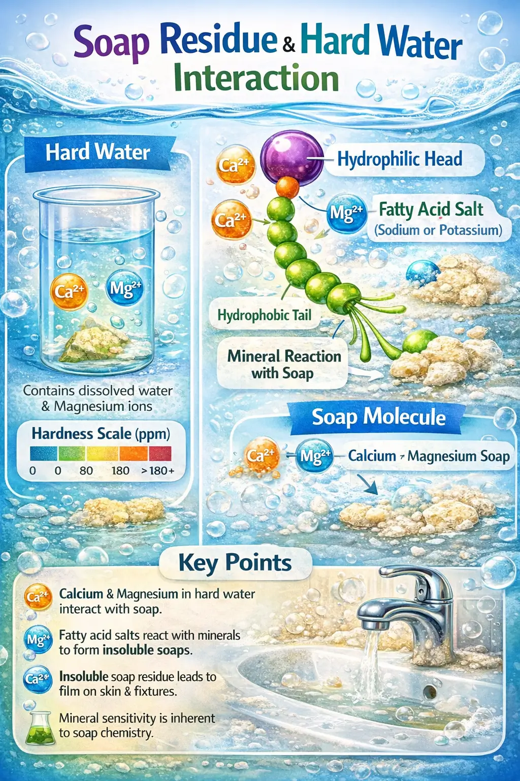 Illustration showing interaction between soap molecules and hard water minerals